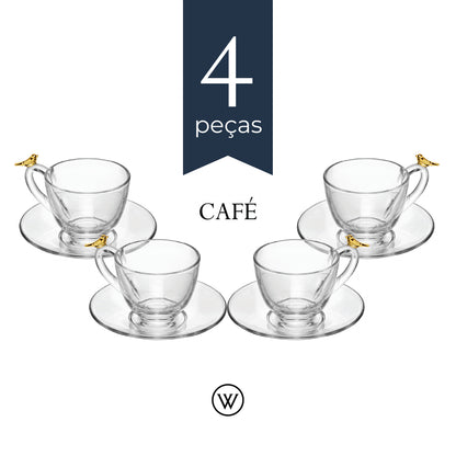 Conjunto 4 Xícaras de Café com Pires Golden Bird 80ml Cristal Ecológico - Wolff
