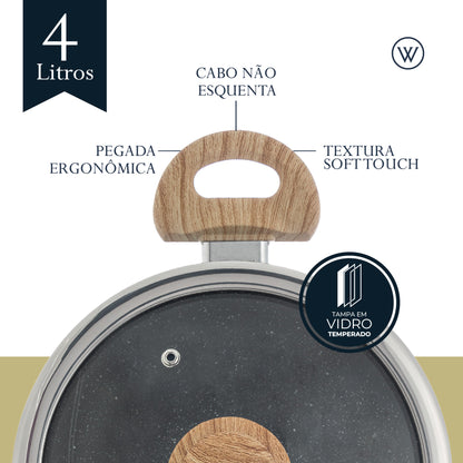 Caçarola de Indução em Alumínio Revestimento Cerâmico e Tampa de Vidro Granilite Preta 24cm - Wolff