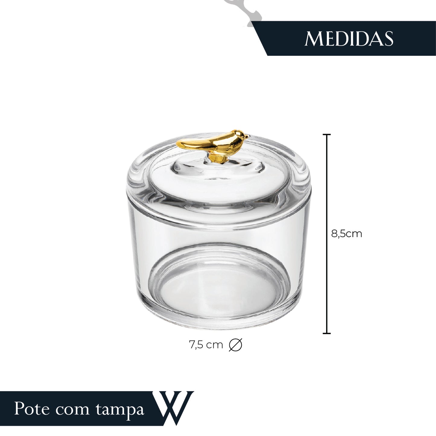 Pote com Tampa Golden Bird 7,5cm x 7cm x 8,5cm Cristal Ecológico - Wolff