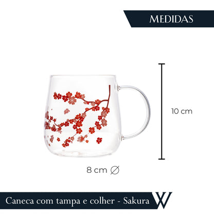 Caneca de Vidro Borossilicato com Tampa e Colher Sakura 500ml - Wolff