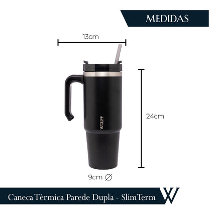 Copo Térmica Parede Dupla SlimTerm e Canudo Preta 890ml - Wolff