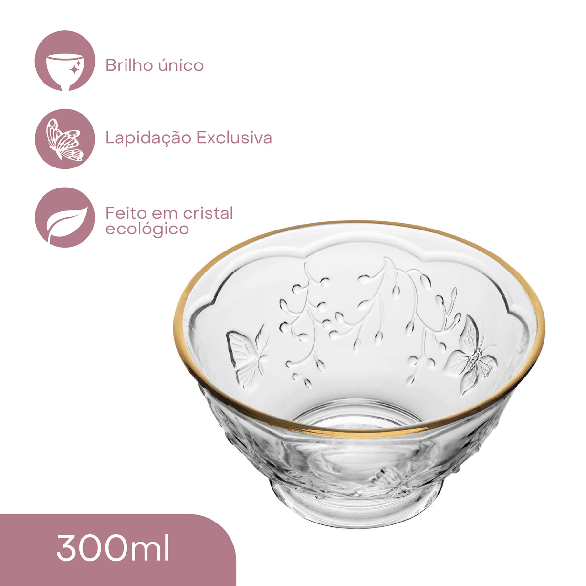 Bowl New Butterfly com Fio de Ouro 12cm x 12cm x 6,5cm Cristal Ecológico - Lyor