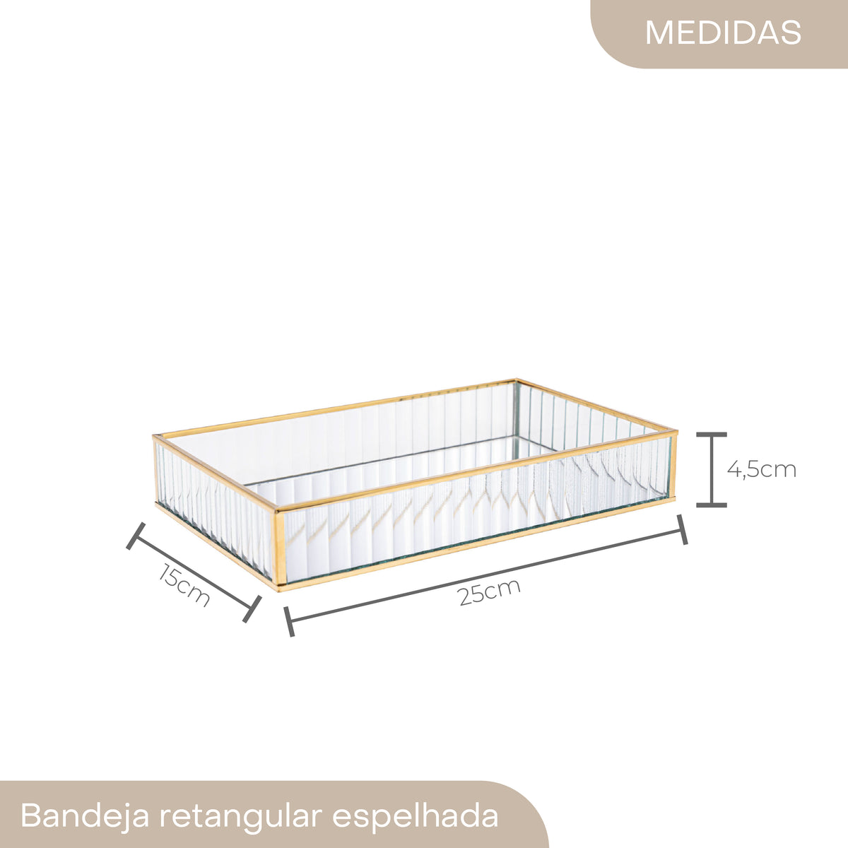 Bandeja de Metal com Espelho Dourada 25cm x 15cm x 4cm - Lyor