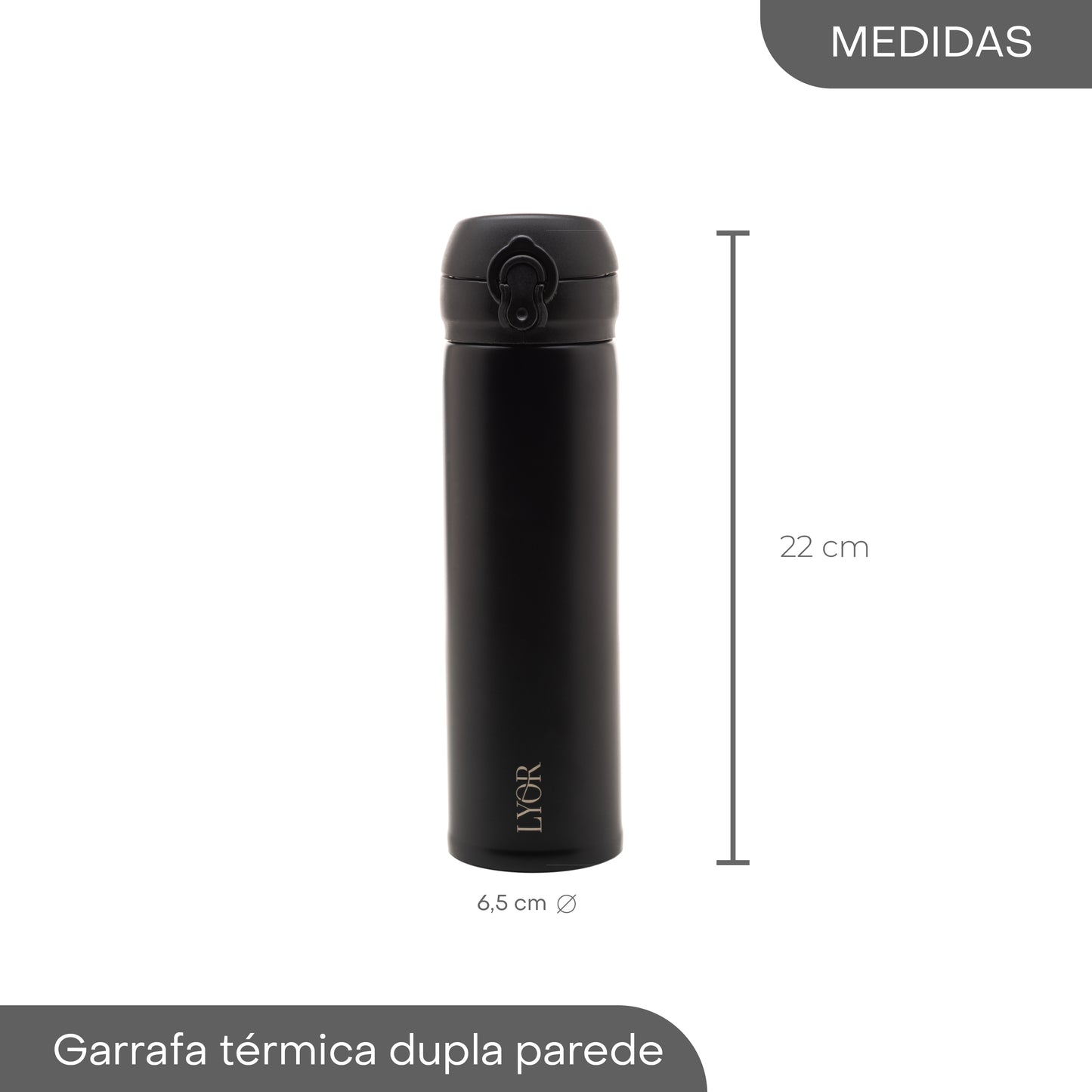 Garrafa Térmica Dupla Parede de Aço Inox com Tampa Flip Preta 410ml - Lyor