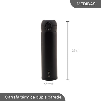 Garrafa Térmica Dupla Parede de Aço Inox com Tampa Flip Preta 410ml - Lyor