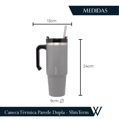 Copo Térmica Parede Dupla SlimTerm  e Canudo Cinza 890ml - Wolff