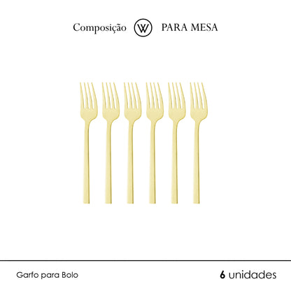 Conjunto 7 Peças Espátula para Bolo e 6 Garfos para Sobremesa Firenze Dourado Aço Inox - Wolff