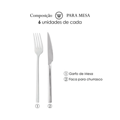 Conjunto 12 Peças Faca para Churrasco e Garfo Para Mesa Firenze Aço Inox - Wolff