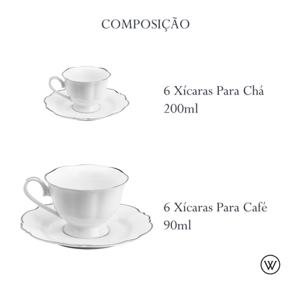 Aparelho de Jantar 42 Peças de Porcelana Maldivas Branco com Fio Prata - Wolff