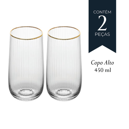Conjunto 2 Copos Altos Lines com Fio de Ouro 450ml Vidro - Wolff