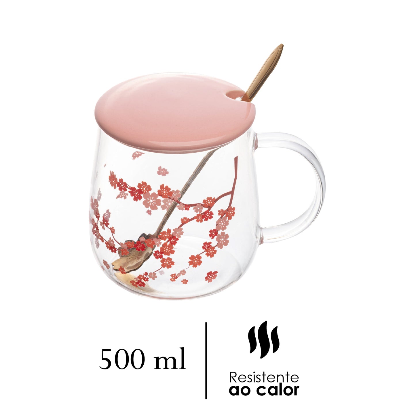 Caneca de Vidro Borossilicato com Tampa e Colher Sakura 500ml - Wolff