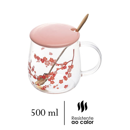 Caneca de Vidro Borossilicato com Tampa e Colher Sakura 500ml - Wolff