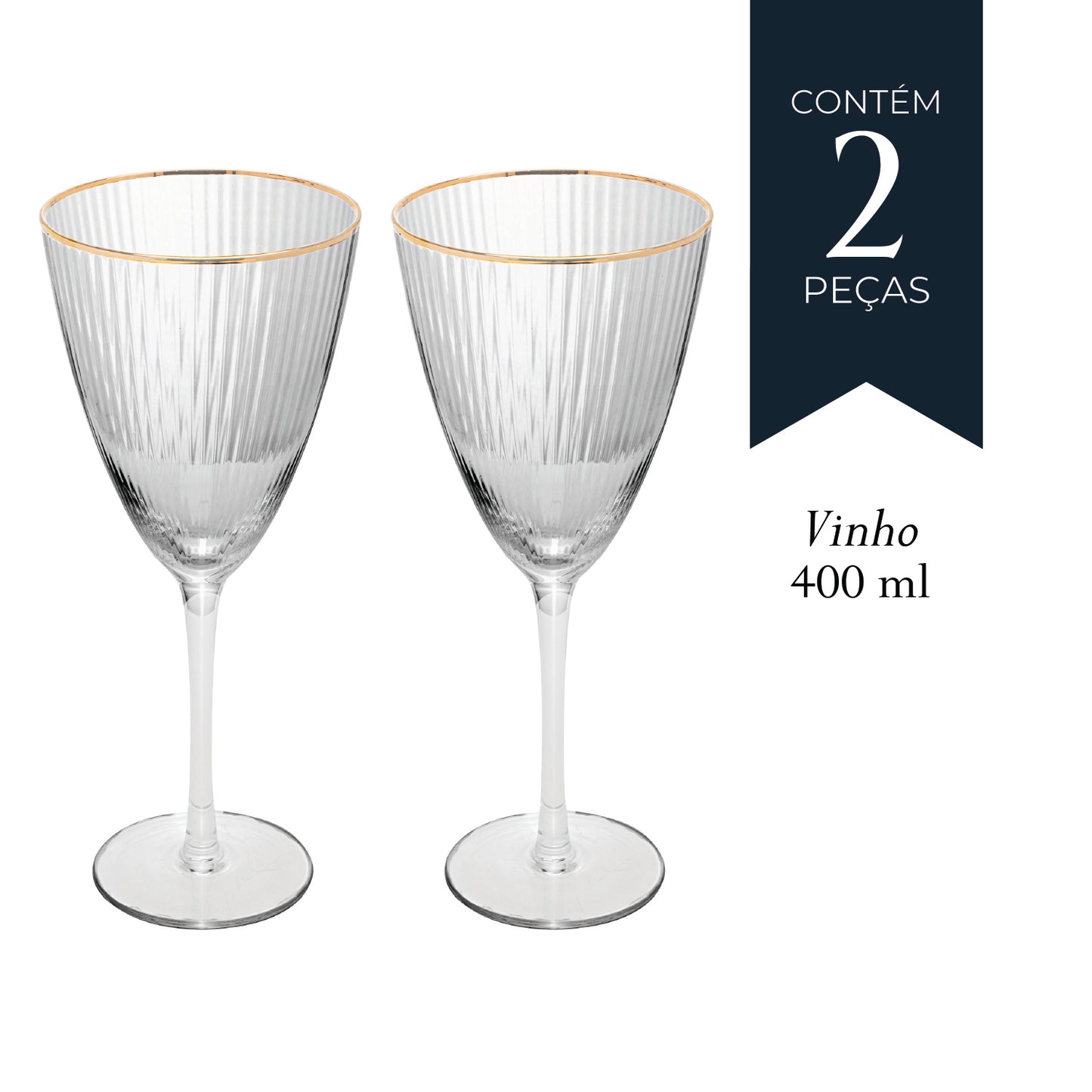 Conjunto 2 Taças de Vinho De Vidro Com Borda Dourada Lines 400Ml - Wolff