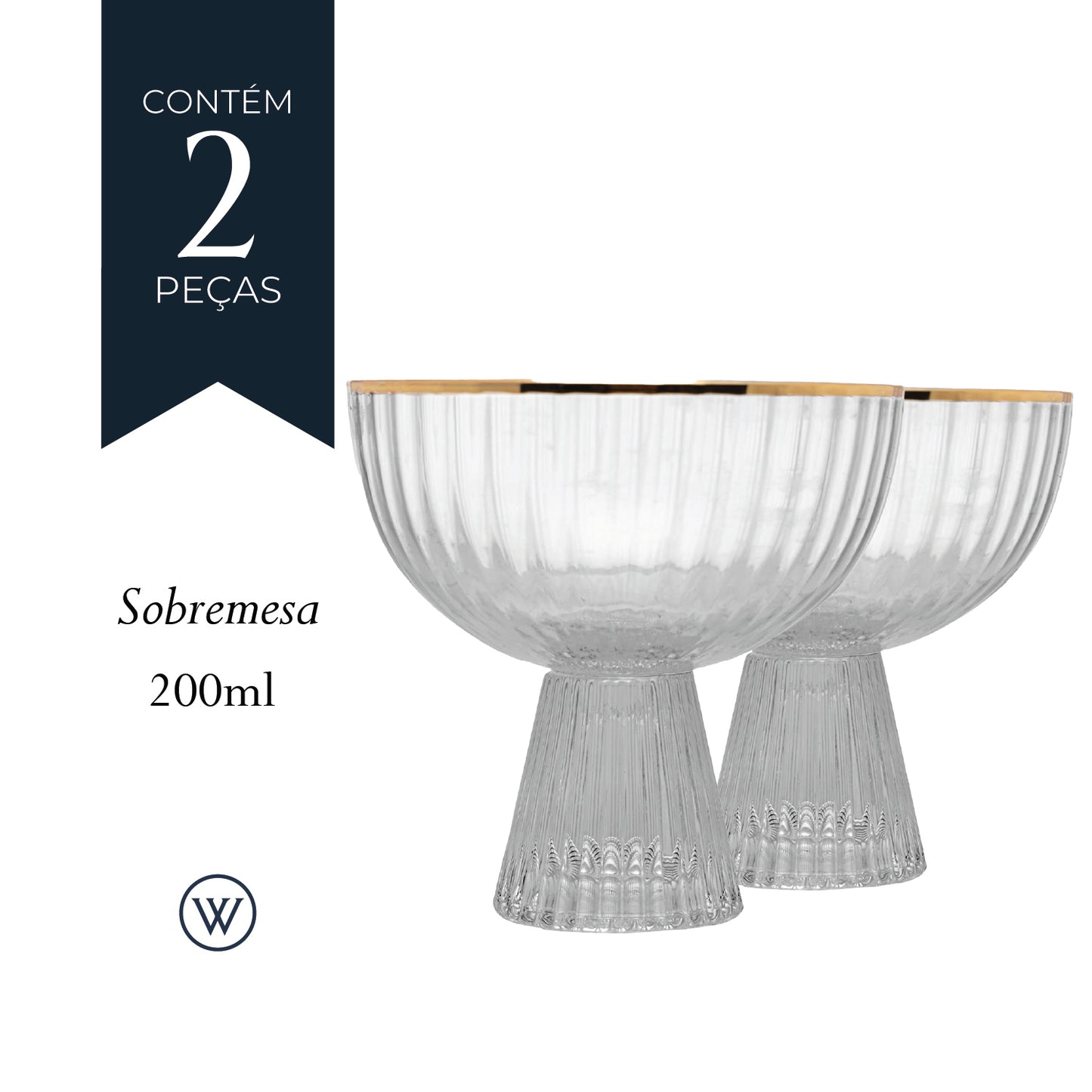 Conjunto 2 Taças de Sobremesa de Cristal Ecológico com Fio de Ouro Lines 200ml - Wolff