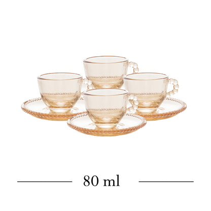 Conjunto 4 Xícaras de Café de Cristal com Pires Pearl Âmbar Metalizado 80ml - Wolff