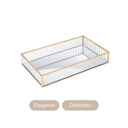 Bandeja de Metal com Espelho Dourada 25cm x 15cm x 4cm - Lyor