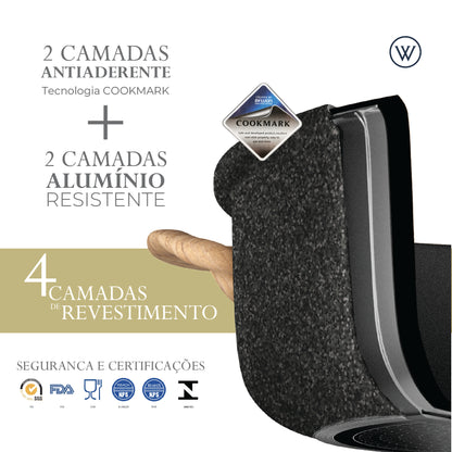 Caçarola de Indução em Alumínio Revestimento Cerâmico e Tampa de Vidro Granilite Preta 24cm - Wolff