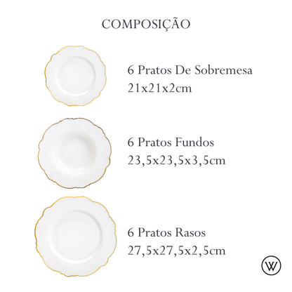 Aparelho de Jantar 42 Peças de Porcelana Maldivas com Fio de Ouro - Wolff