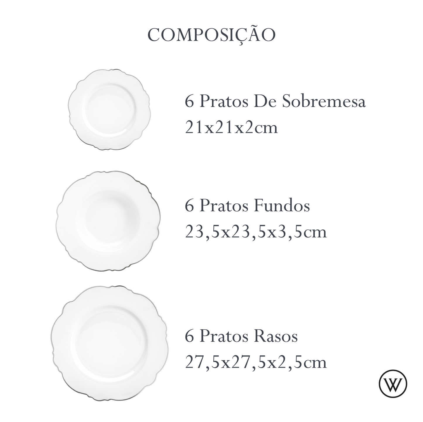 Aparelho de Jantar 42 Peças de Porcelana Maldivas Branco com Fio Prata - Wolff