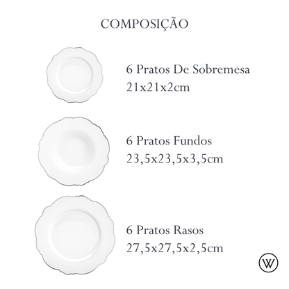 Aparelho de Jantar 42 Peças de Porcelana Maldivas Branco com Fio Prata - Wolff