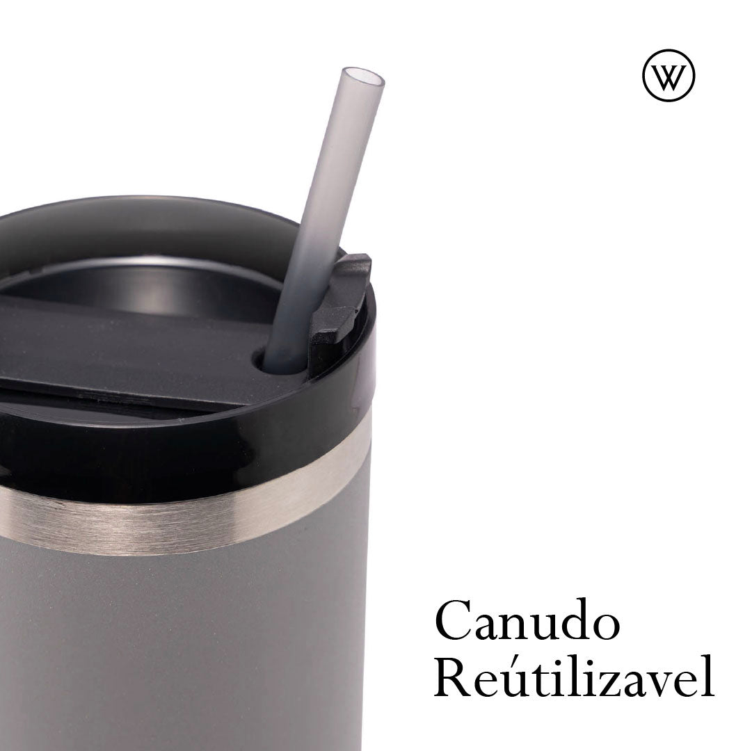 Copo Térmica Parede Dupla SlimTerm  e Canudo Cinza 890ml - Wolff
