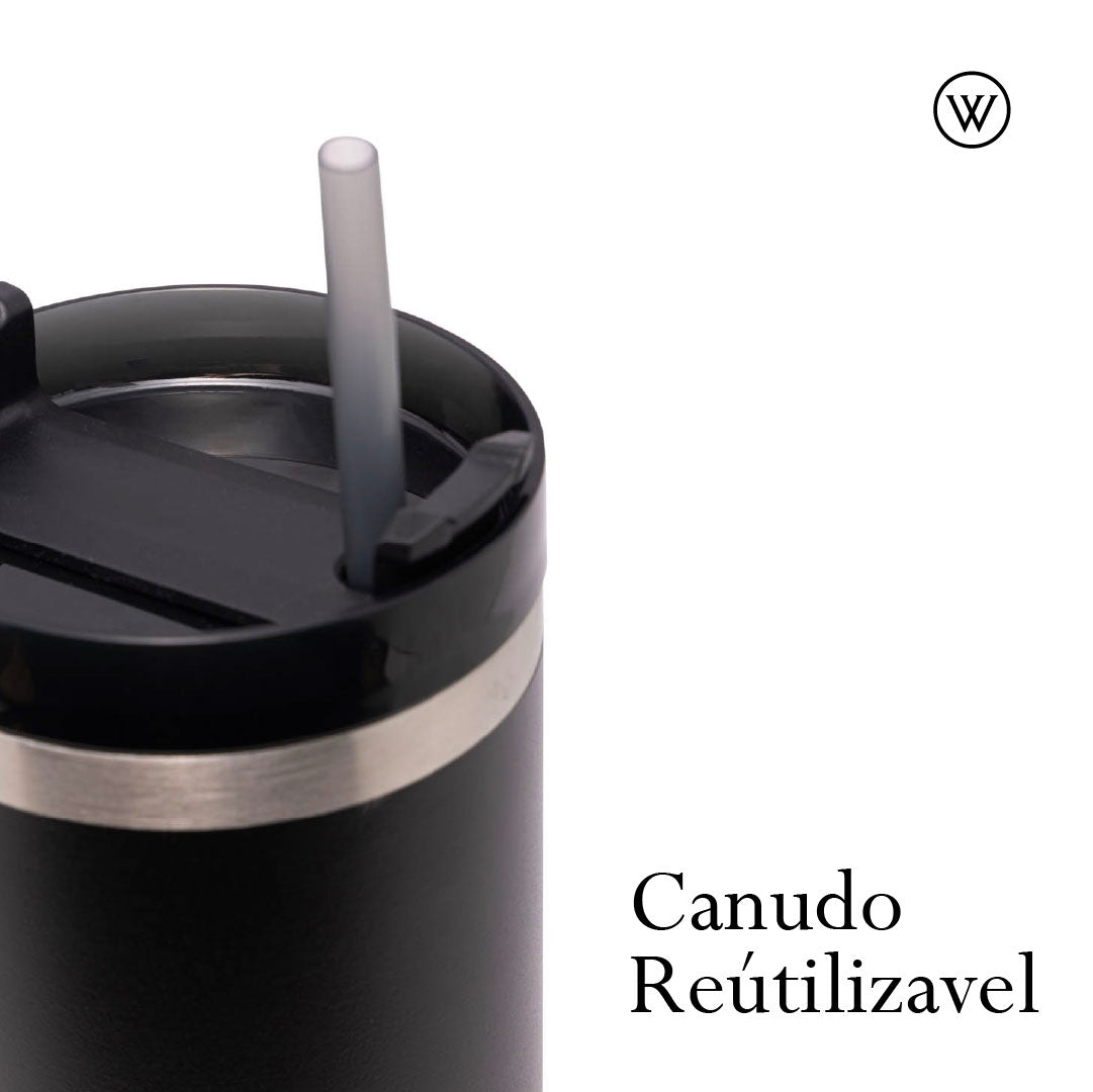 Copo Térmica Parede Dupla SlimTerm e Canudo Preta 890ml - Wolff
