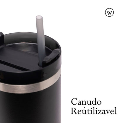 Copo Térmica Parede Dupla SlimTerm e Canudo Preta 890ml - Wolff