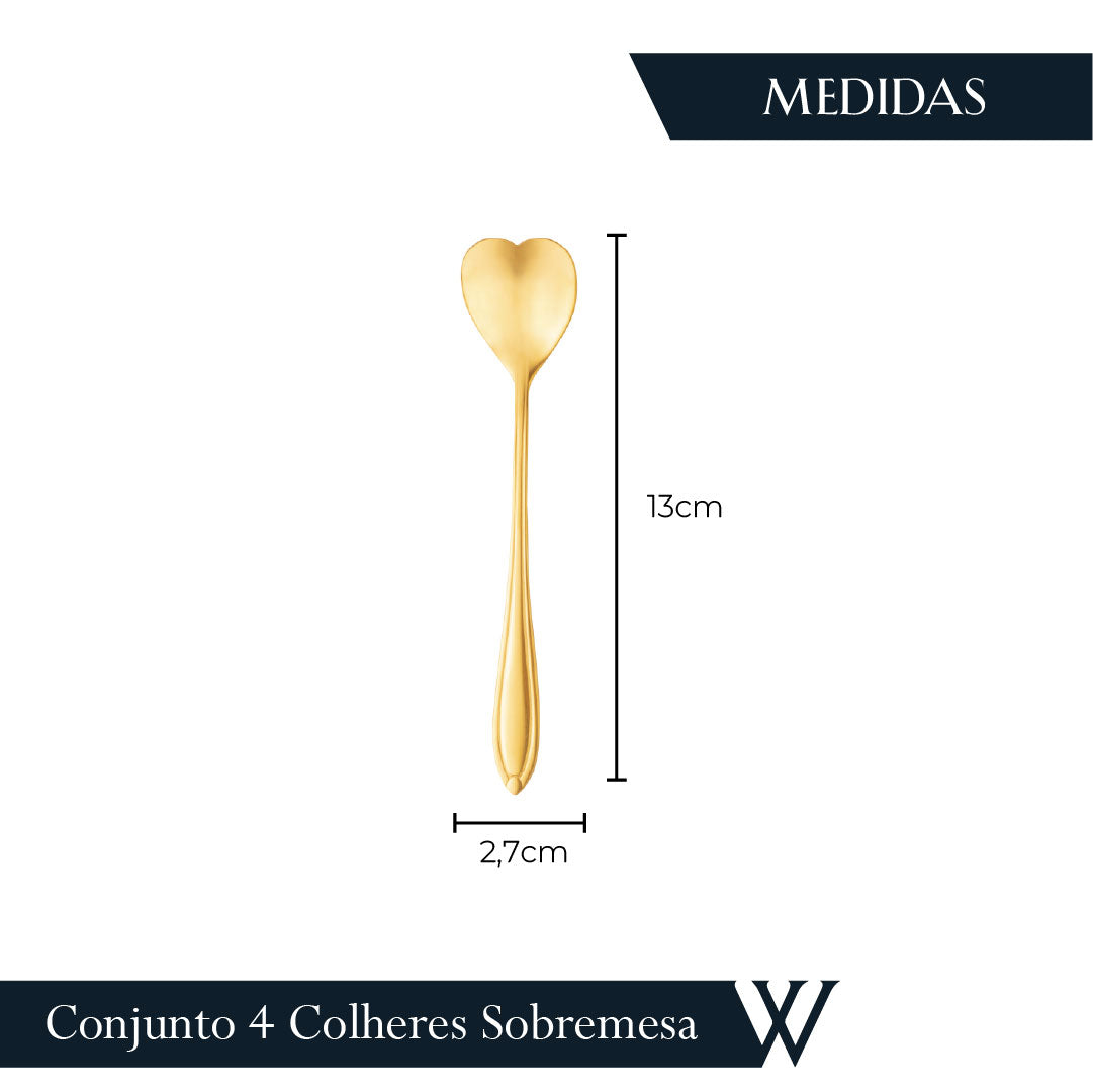 Conjunto 4 Colheres de Chá de Aço Inox Heart Dourado - Wolff