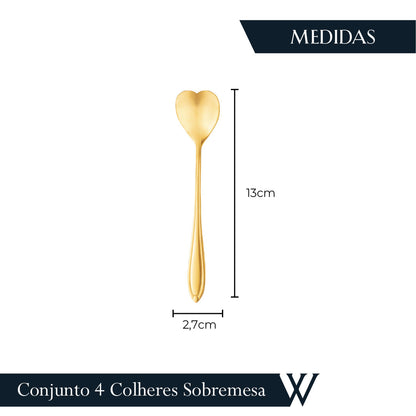 Conjunto 4 Colheres de Chá de Aço Inox Heart Dourado - Wolff