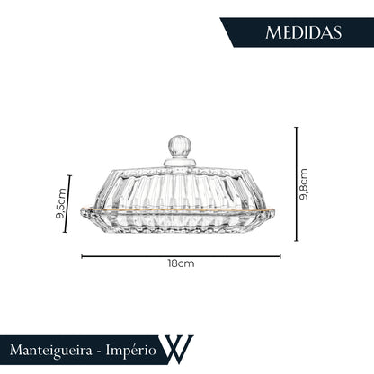Manteigueira Retangular de Cristal com Tampa e Fio de Ouro Império 15,5cm x 7,5cm x 8,5cm - Wolff