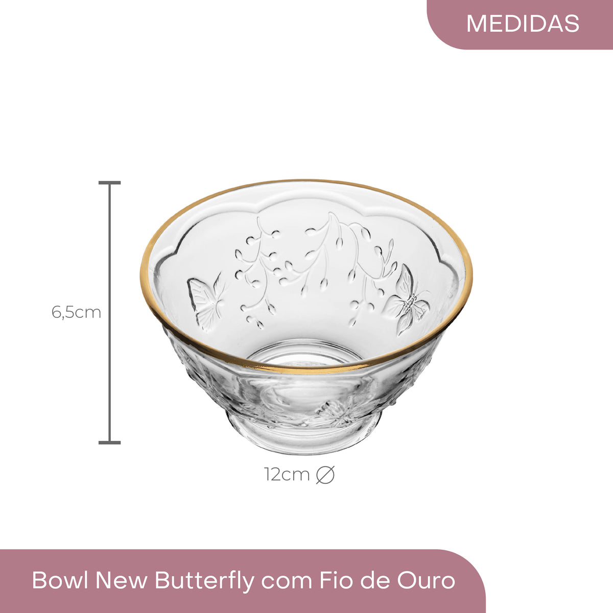 Bowl New Butterfly com Fio de Ouro 12cm x 12cm x 6,5cm Cristal Ecológico - Lyor