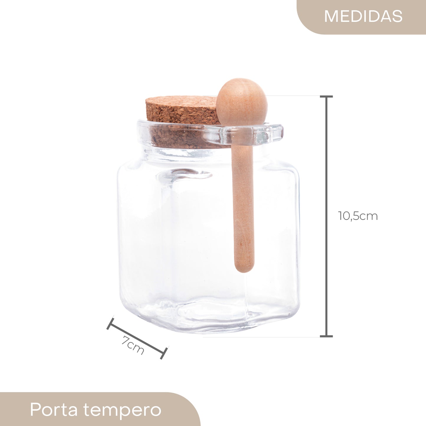 Pote Quadrado com Colher de Bambu e Tampa de Cortiça 300ml Vidro - Lyor