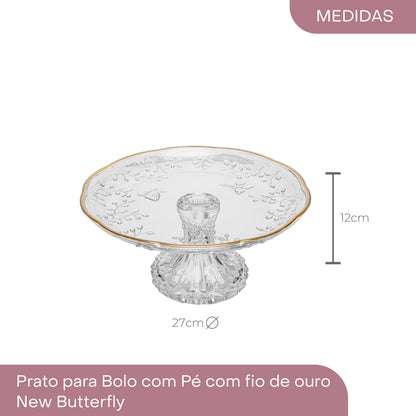 Prato para Bolo com Pé New Butterfly com Fio de Ouro 26,5cm x 27cm x 12cm Cristal Ecológico - Lyor