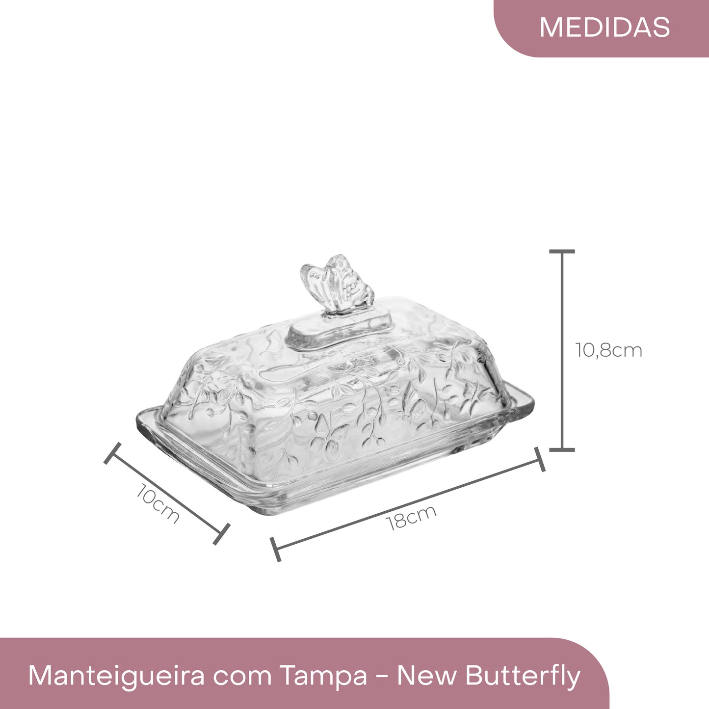Manteigueira com Tampa New Butterfly 18cm x 10cm x 10,8cm Cristal Ecológico - Lyor