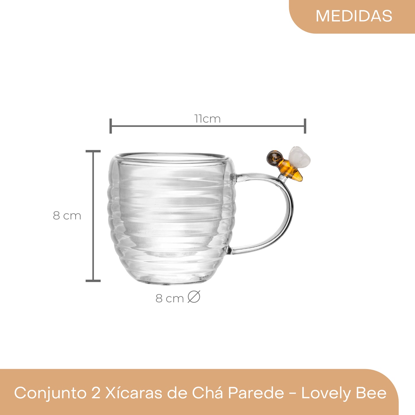 Conjunto 2 Xícaras de Chá Parede Dupla de Vidro Borossilicato Lovely Bee 180ml - Lyor