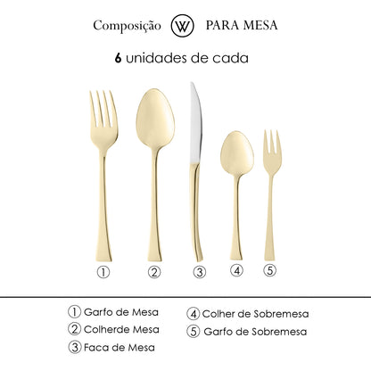 Faqueiro 30 Peças de Aço Inox Berna Dourado - Wolff