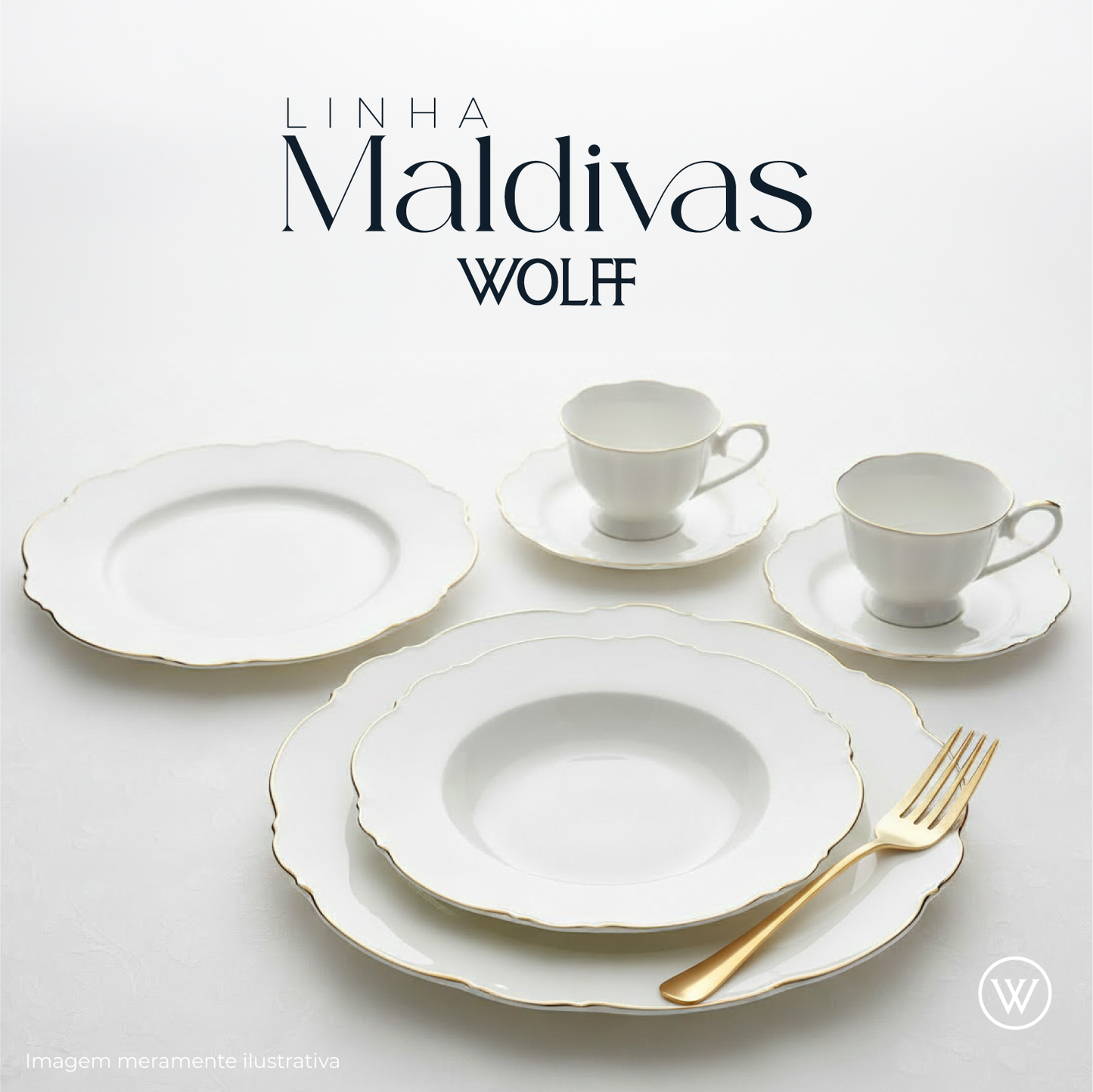 Conjunto 6 Pratos Fundos de Porcelana Maldivas Branco com Fio de Ouro  - Wolff