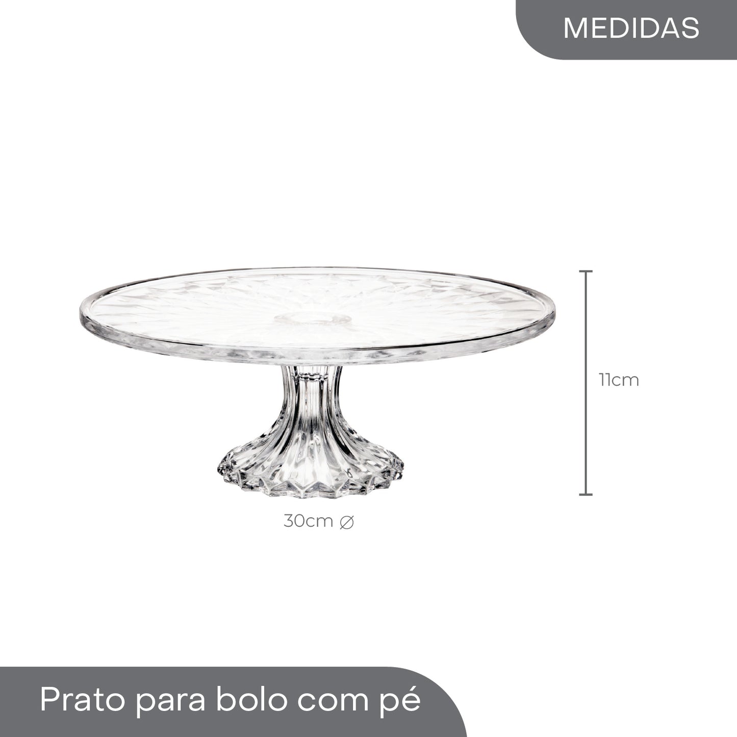 Prato para Bolo com Pé Diamond 30cm x 30cm x 11cm Cristal - Lyor