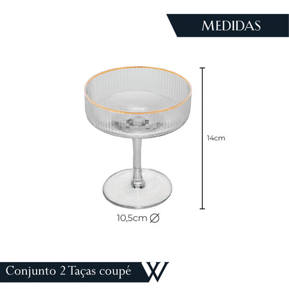Conjunto 2 Taças Coupe de Vidro com Borda Dourada Lines 200ml - Wolff