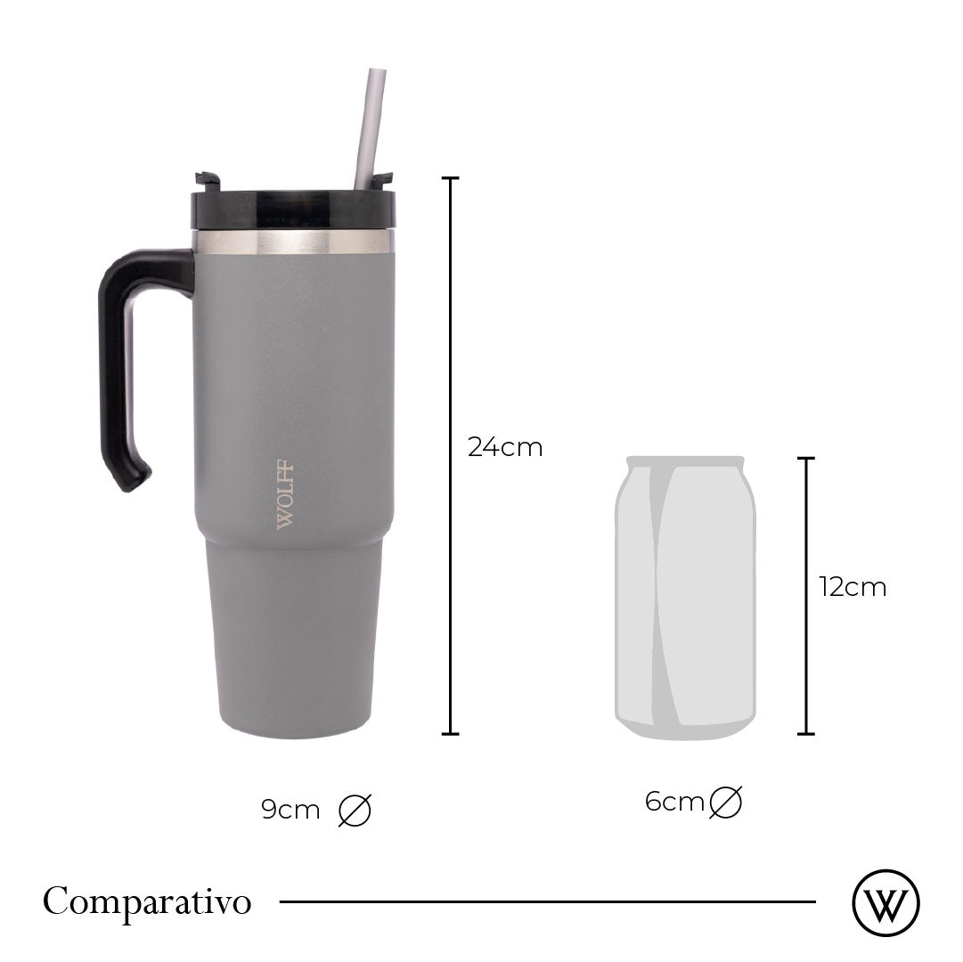 Copo Térmica Parede Dupla SlimTerm  e Canudo Cinza 890ml - Wolff