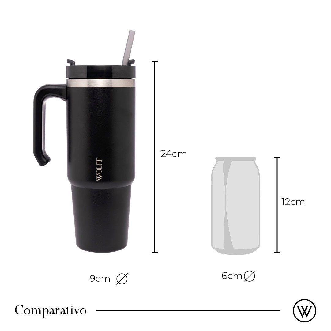 Copo Térmica Parede Dupla SlimTerm e Canudo Preta 890ml - Wolff