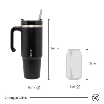 Copo Térmica Parede Dupla SlimTerm e Canudo Preta 890ml - Wolff