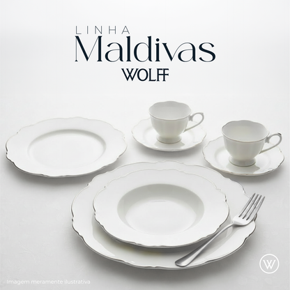 Conjunto 6 Pratos Rasos de Porcelana Maldivas com Fio Prata 28cm - Wolff