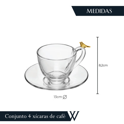 Conjunto 4 Xícaras de Café com Pires Golden Bird 80ml Cristal Ecológico - Wolff