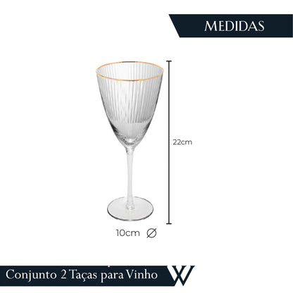 Conjunto 2 Taças de Vinho De Vidro Com Borda Dourada Lines 400Ml - Wolff
