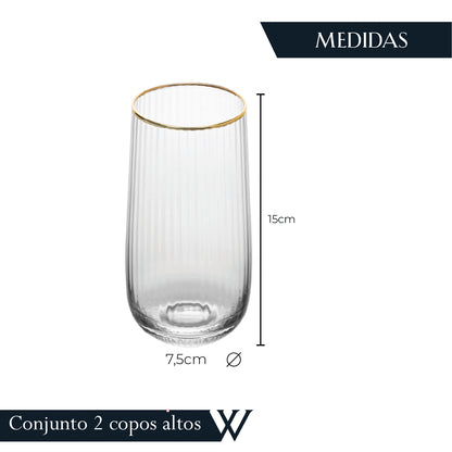 Conjunto 2 Copos Altos Lines com Fio de Ouro 450ml Vidro - Wolff