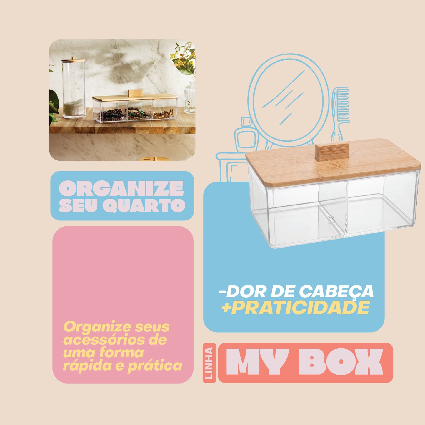 Caixa Organizadora com Tampa de Bambu My Box 16cm x 9,5cm x 8cm Poliestireno - Lyor