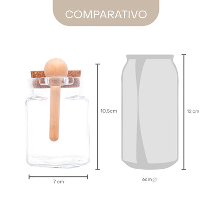 Pote Quadrado com Colher de Bambu e Tampa de Cortiça 300ml Vidro - Lyor