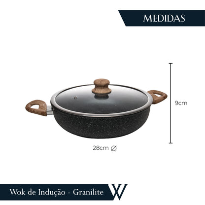 Wok de Indução com Tampa de Vidro 28cm Granilite Preta Alumínio com Revestimento Cerâmico - Wolff