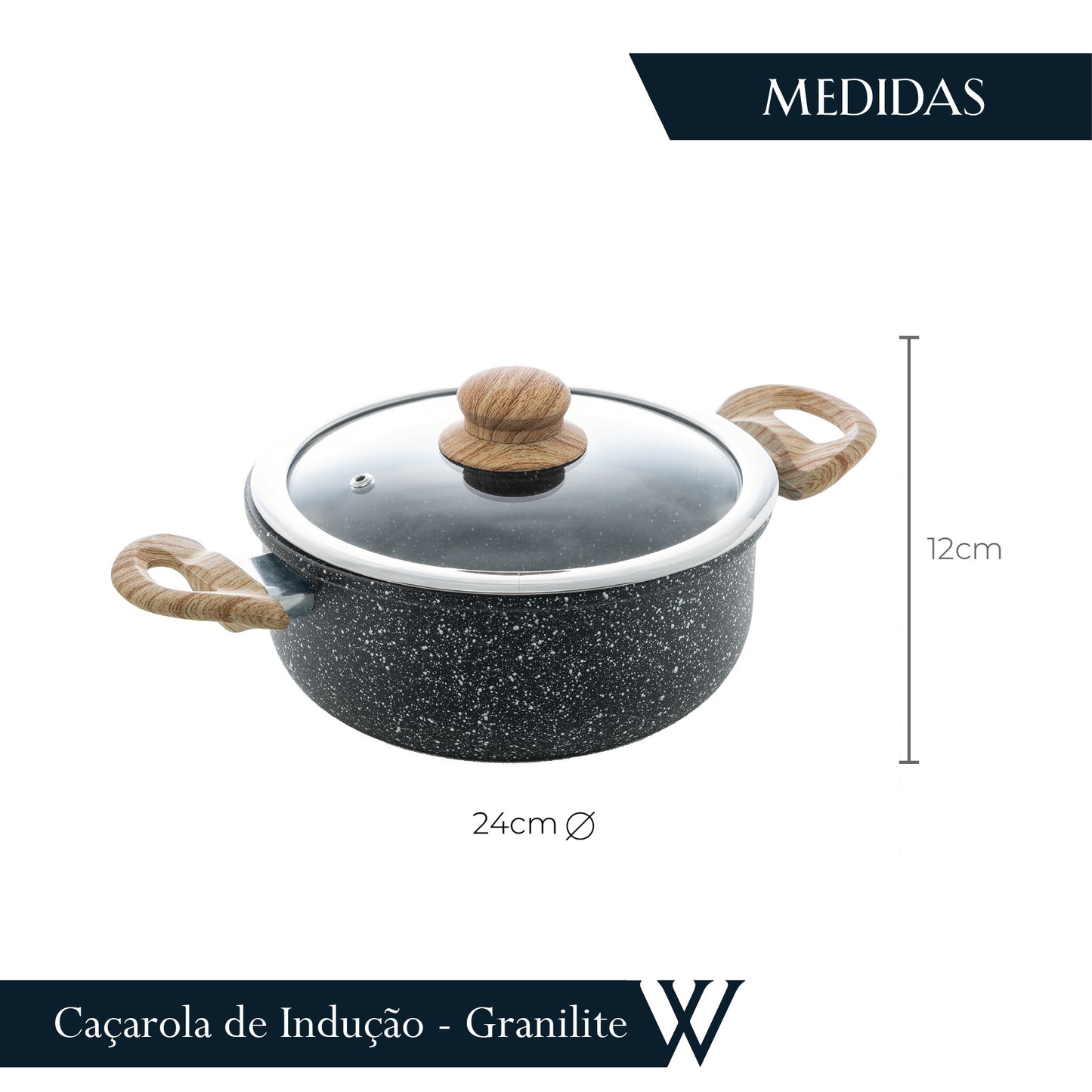 Caçarola de Indução em Alumínio Revestimento Cerâmico e Tampa de Vidro Granilite Preta 24cm - Wolff